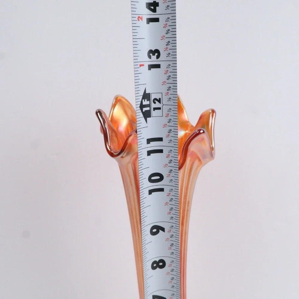 Fenton Antique Carnival Glass Swung Vase Orange Marigold Candy Ribbon‎ Crimped